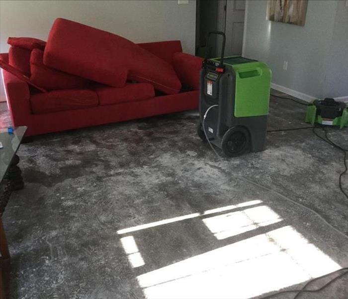 Bare grey floors, red couch, SERVPRO machine Grey walls, black coffee table